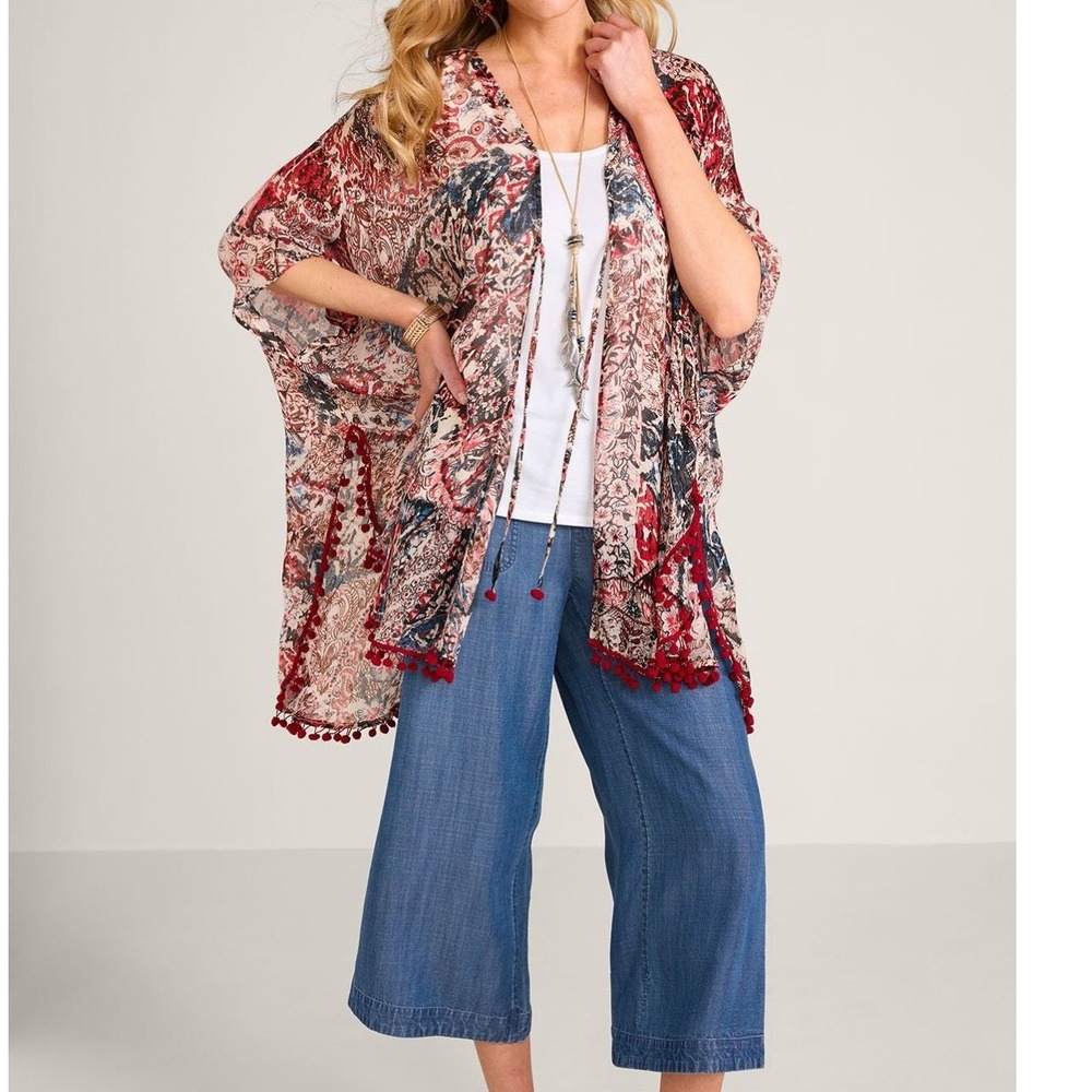Soft Surroundings Laguna‎ Boho Floral Paisley Topper with Pom-Pom Trim SZ L/XL